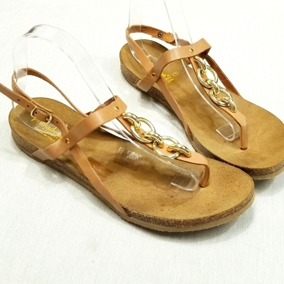 Primadonna Collections sandals Tan gold Rings Cork footboard 41 Size‎ 11 EUC - Picture 1 of 14